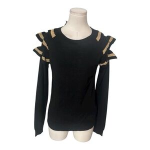 MADELEINE THOMPSON MT Wool Blend Black Gold Ruffle Shoulder Sweater M Luxury